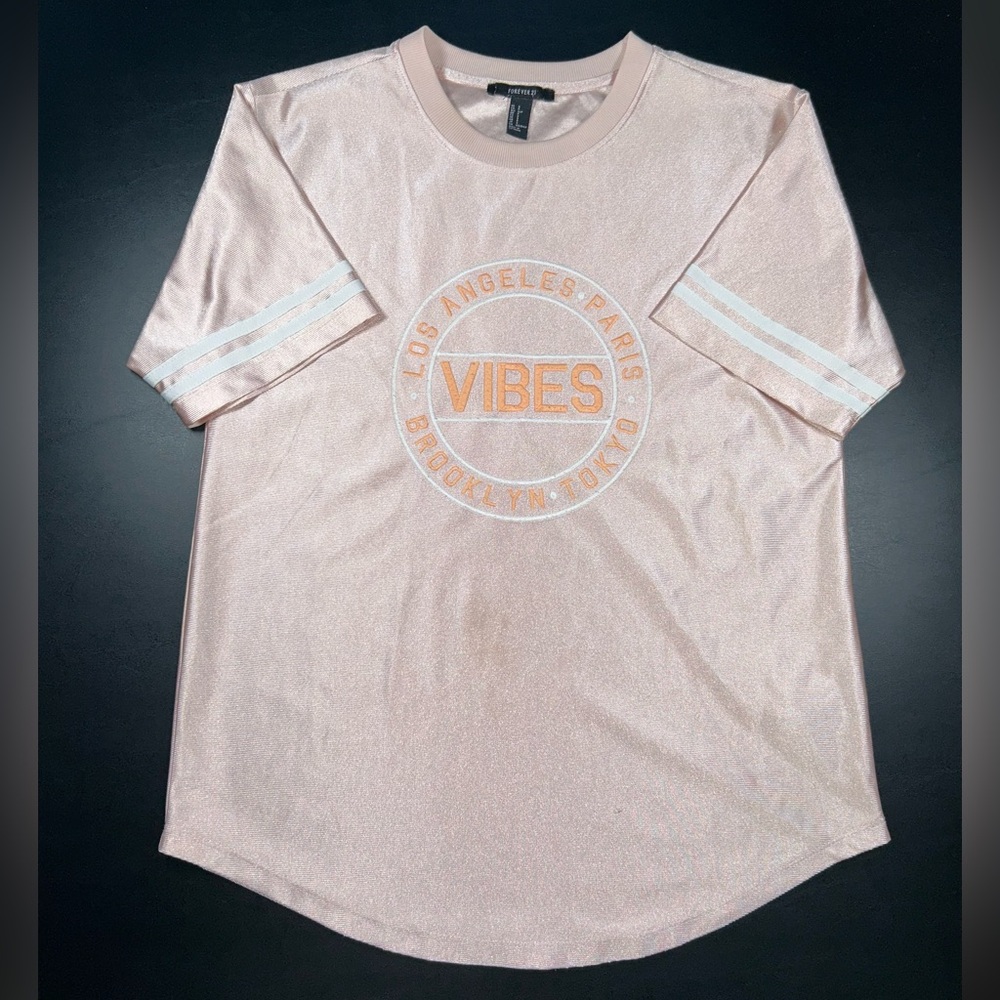 Forever 21 Pink Jersey Women’s S Vibes Embroidered LA Brooklyn Tokyo Paris #18